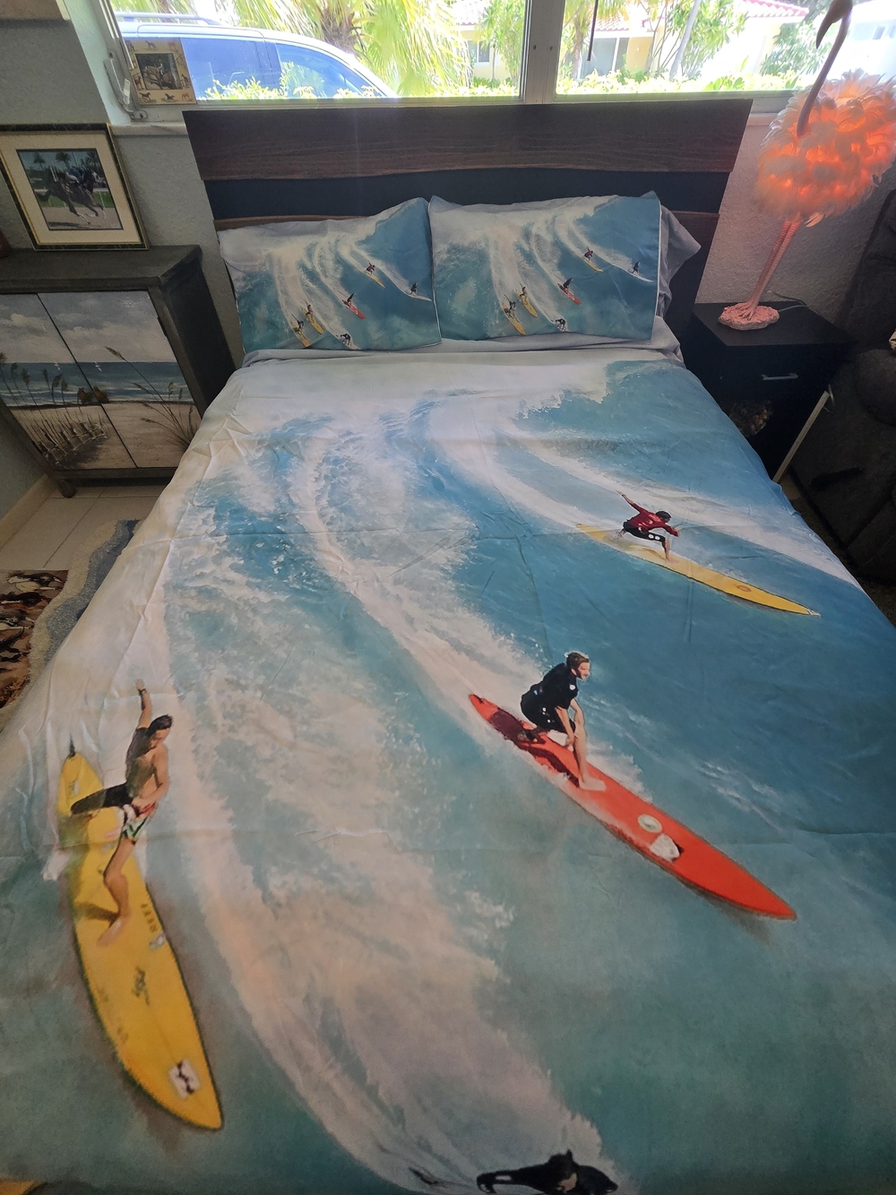 Surfboard Scene Blue Wave Duvet Cover with Surfing Print